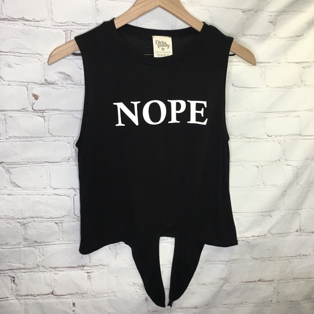 NEW Dirtee Laundry NOPE Black Graphic Sleeveless Tie Front Top Size XS
